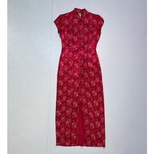 Vintage 90's Qipao Cheongsam Red Floral Dress Sz 3 Knapp Studio / Button Up